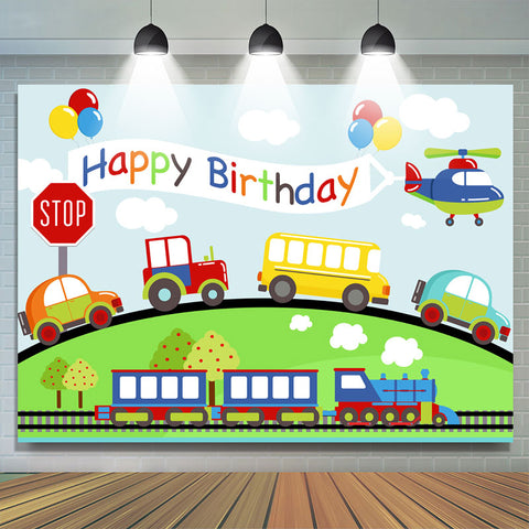 Voiture Avion Train Sur Le Chemin Joyeux Anniversaire Toile De Fond