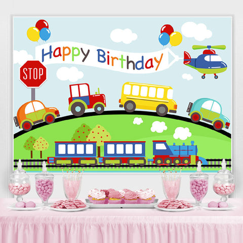 Voiture Avion Train Sur Le Chemin Joyeux Anniversaire Toile De Fond