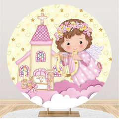 Dessin animé ange église jaune rose rond décors de fête