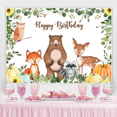 Animaux Dessin Animé Joyeux Anniversaire Avec Feuilles Vertes Sur Fond Citrouille