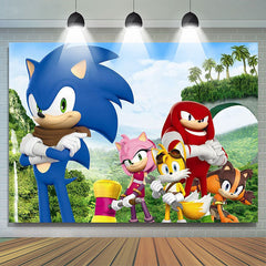 Toile de fond d'anniversaire de paysage de montagne de palmier de personnage de dessin animé