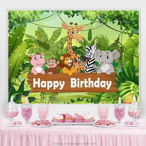 Dessin animé vert forêt animaux joyeux anniversaire toile de fond