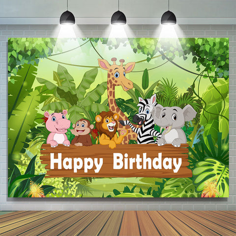 Dessin animé vert forêt animaux joyeux anniversaire toile de fond