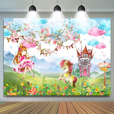 Toile de fond florale de fête d'anniversaire de cheval de bande dessinée pour la fille