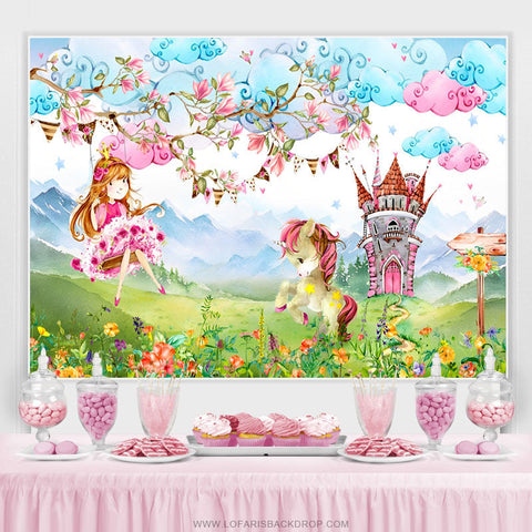 Toile de fond florale de fête d'anniversaire de cheval de bande dessinée pour la fille