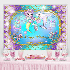 Dessin animé sirène dauphin joyeux anniversaire toile de fond