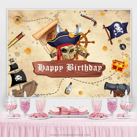 Toile de fond de fête de joyeux anniversaire de thème de pirate de dessin animé