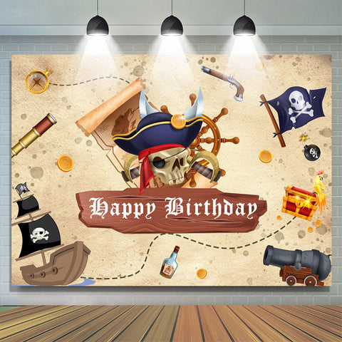 Toile de fond de fête de joyeux anniversaire de thème de pirate de dessin animé