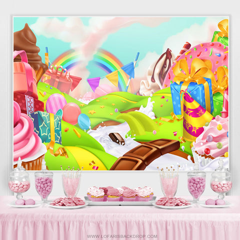 Dessin animé arc-en-ciel dessert Candyland anniversaire toile de fond