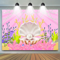 Toile de fond de fête d'anniversaire de perle de mer et d'algues de dessin animé