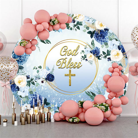 Cercle Bleu Blanc Floral Glitter God Bless Toile de Fond de Mariage