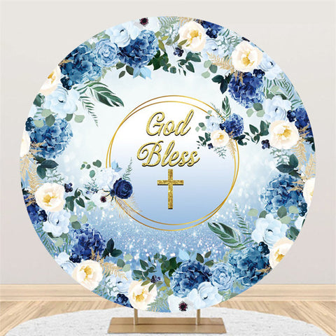 Cercle Bleu Blanc Floral Glitter God Bless Toile de Fond de Mariage