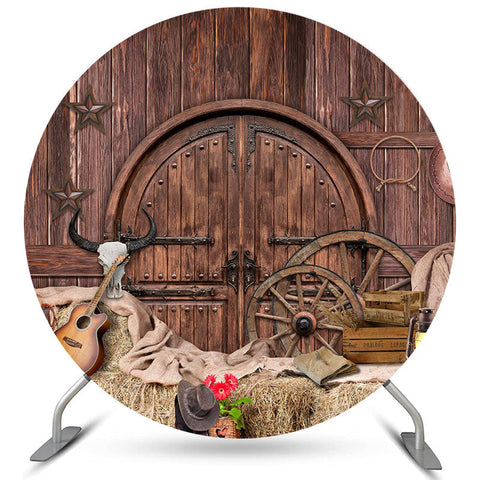 Cercle Brun En Bois Et Toile De Fond D'anniversaire De Cowboy Occidental