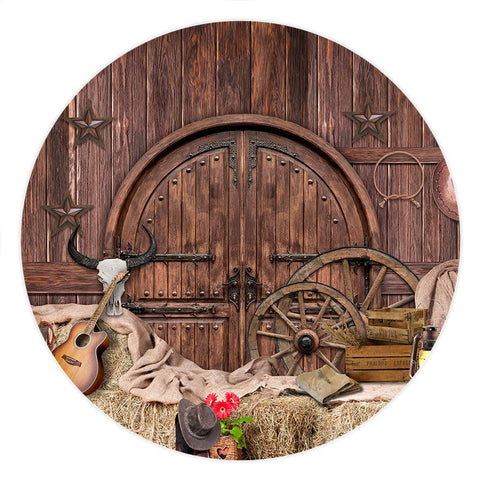 Cercle Brun En Bois Et Toile De Fond D'anniversaire De Cowboy Occidental