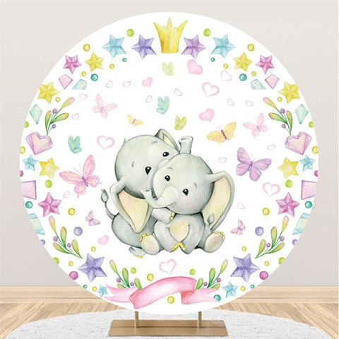 Toile de fond de fête de naissance d'éléphants et de papillons de cercle