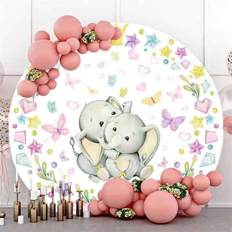 Toile de fond de fête de naissance d'éléphants et de papillons de cercle