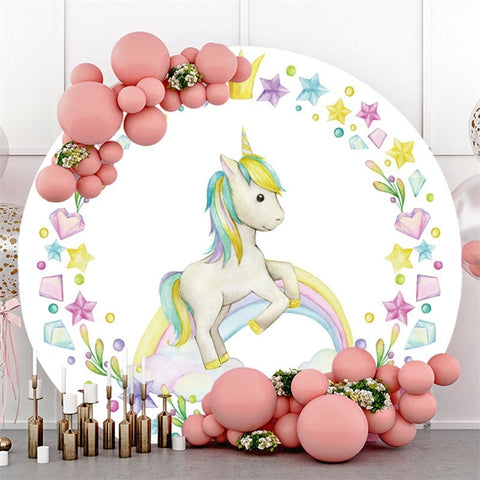 Toile De Fond De Fête De Bébé Cercle Arc-En-Ciel Et Cheval Blanc