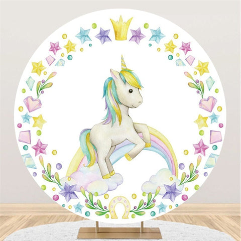 Toile De Fond De Fête De Bébé Cercle Arc-En-Ciel Et Cheval Blanc