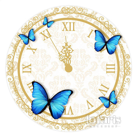 Horloge et papillon Toile de fond de naissance ronde simple