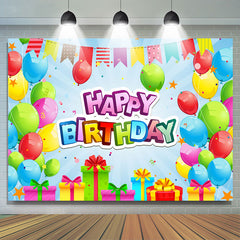 Ballon coloré et cadeau avec toile de fond anniversaire drapeaux