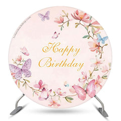 Toile de fond d'anniversaire rose floral papillons colorés