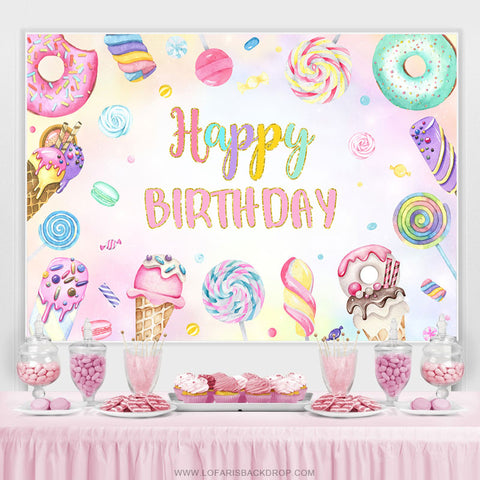 Toile de fond joyeux anniversaire bonbon rose beignet coloré