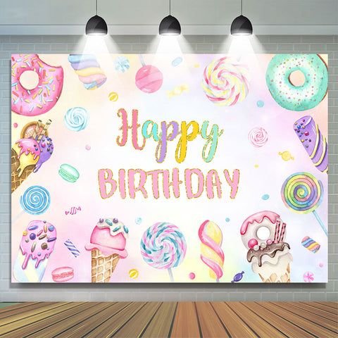 Toile de fond joyeux anniversaire bonbon rose beignet coloré