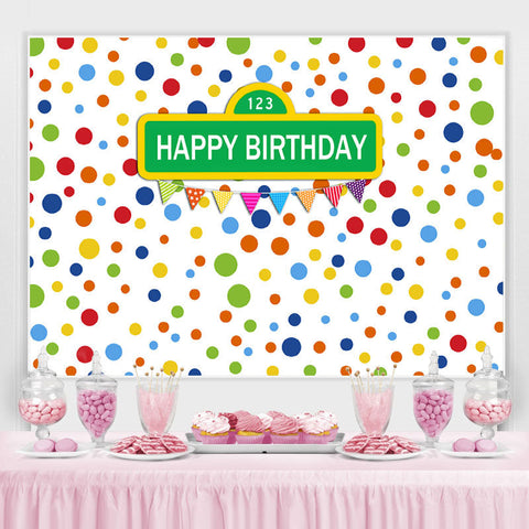 Point coloré avec toile de fond blanche Happy Birthday Party