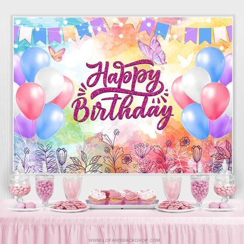 Fond d'anniversaire de paillettes de drapeaux et de ballons colorés