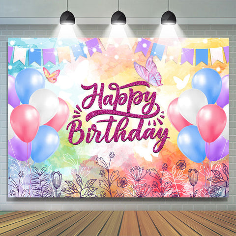 Fond d'anniversaire de paillettes de drapeaux et de ballons colorés