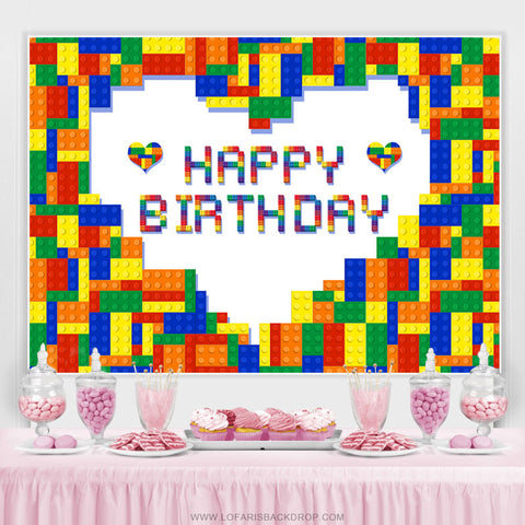 Toile de fond colorée de joyeux anniversaire de coeur de brique de Lego