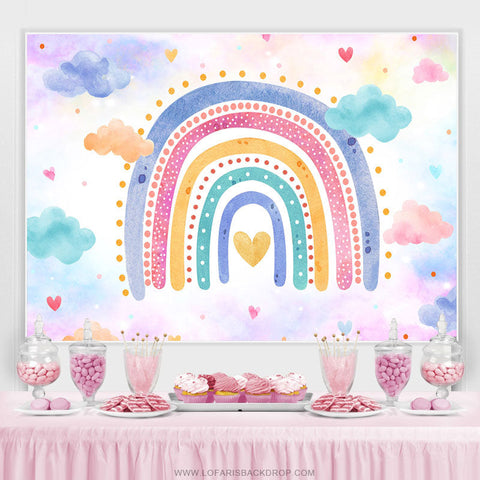 Toile de fond colorée de fête d'anniversaire de filles de nuages d'arc-en-ciel
