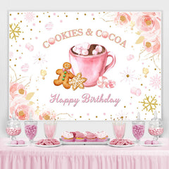 Biscuit et cacao joyeux anniversaire fond floral rose pour la fête