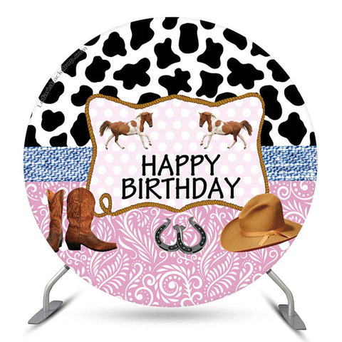 Couverture de toile de fond ronde de joyeux anniversaire de cheval de cow-boy