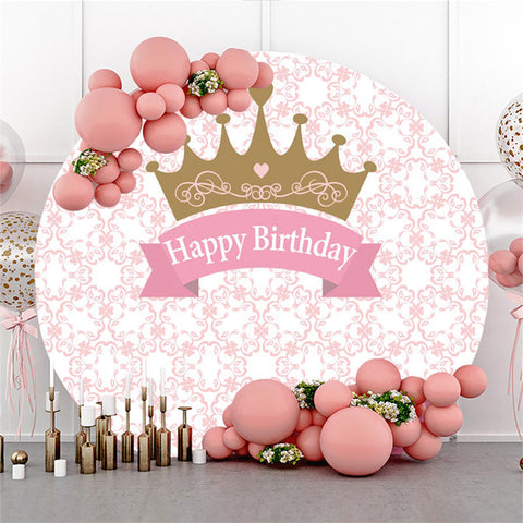 Couronne et bannière rose joyeux anniversaire rond toile de fond