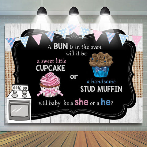 Cupcake ou Stud Muffin Gender Reveal Toile de fond pour Baby Shower