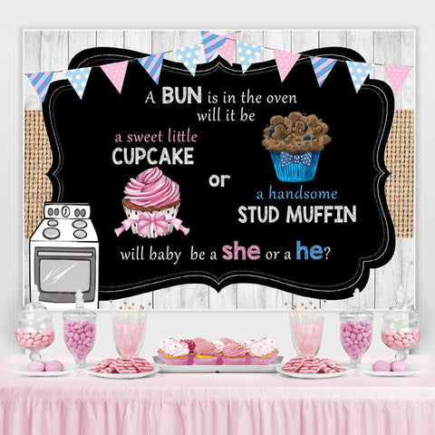 Cupcake ou Stud Muffin Gender Reveal Toile de fond pour Baby Shower