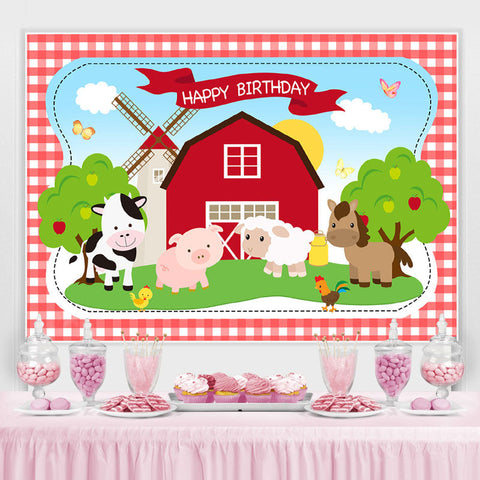 Animaux mignons et toile de fond joyeux anniversaire maison rouge