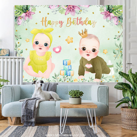 Jumeaux mignons feuilles et toile de fond d'anniversaire vert fleur