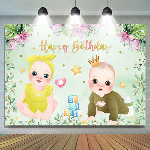 Jumeaux mignons feuilles et toile de fond d'anniversaire vert fleur