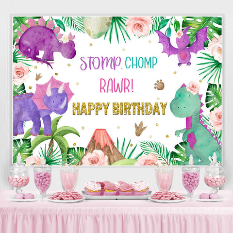 Toile de fond de joyeux anniversaire de dinosaure mignon Stomp Chomp Rawr