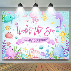 Toile de fond de joyeux anniversaire de la mer bleue des animaux marins mignons