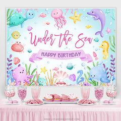 Toile de fond de joyeux anniversaire de la mer bleue des animaux marins mignons
