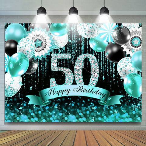 Ballons cyan Bokeh Glitter Joyeux 50e anniversaire Toile de fond