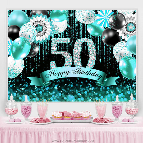 Ballons cyan Bokeh Glitter Joyeux 50e anniversaire Toile de fond