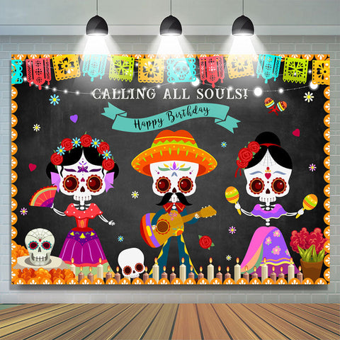 Danse Squelette Mexicain Fiesta Joyeux Anniversaire Toile de Fond