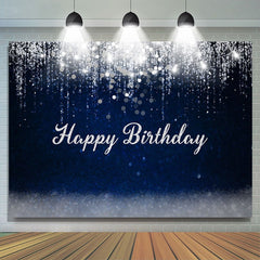 Toile de fond de fête de douche de bébé bleu foncé et argent bokeh