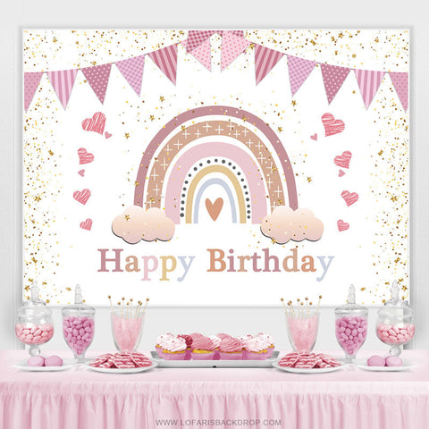 Toile de fond d'anniversaire de drapeau de coeur de nuage arc-en-ciel rose poussiéreux