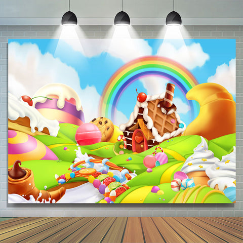 Toile de Fond d'anniversaire de dessert arc-en-ciel Fantasy Candy Land