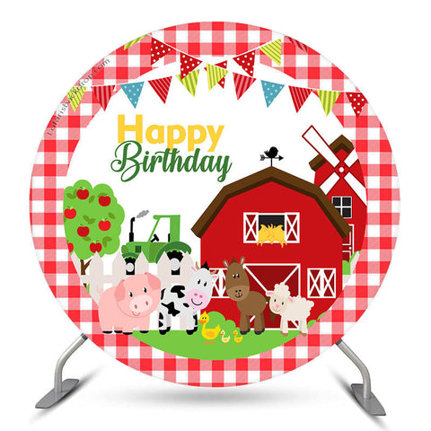 Fond d'anniversaire rond en treillis rouge d'animaux de ferme